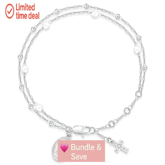 14K Gold Plated Double Layer Pearl Rosary Bracelet with Virgin Mary Charm - Picture 1 of 8